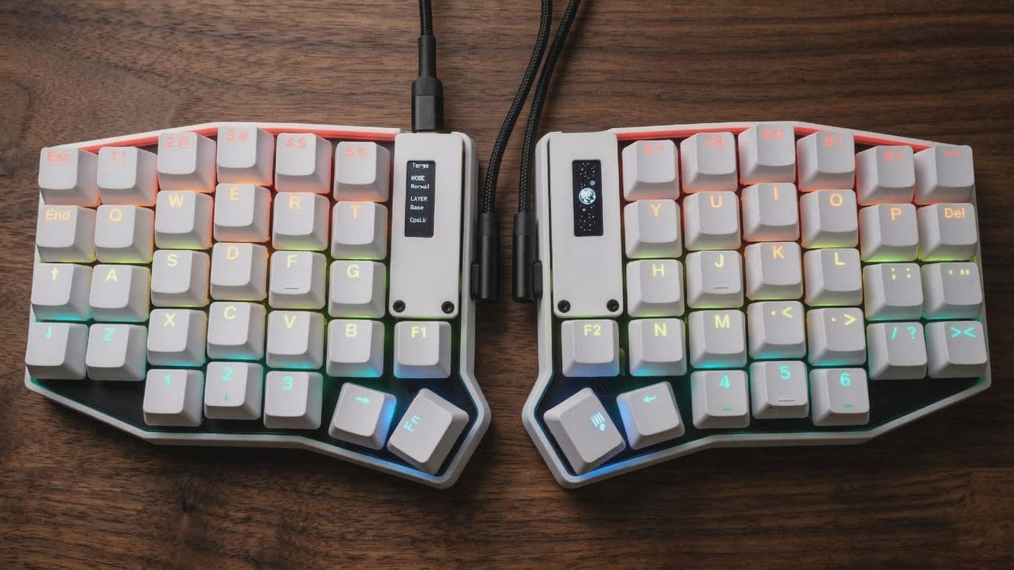Tergo Sofle dividido com keycaps claras em uma mesa de trabalho.